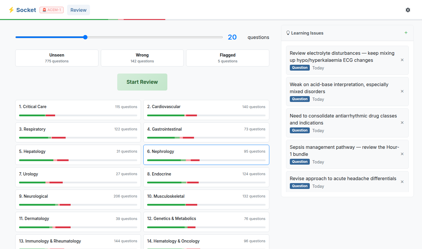 Adaptive study session setup with topic progress and question filters